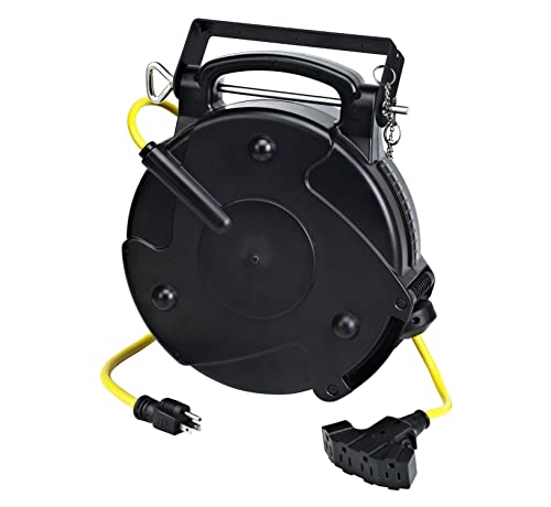 Alert ProReel Professional Grade ProReel 8665TFQ Heavy Duty Retractable Extension Cord Reel | 65 Foot 12/3 SJTOW 15 Amp Quad-Tap Industrial Cord | Four 5-15R Receptacles with Power On Indicator