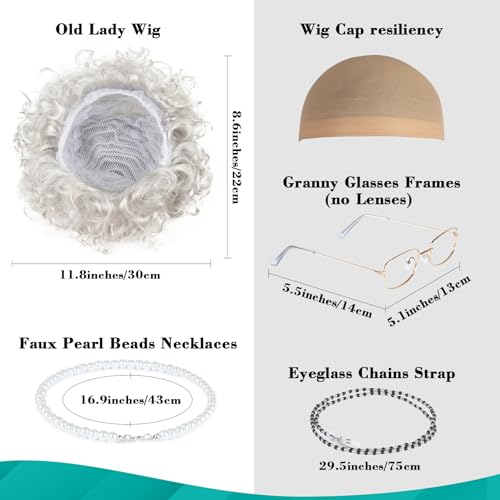 MAQIHAN Granny Wig Costume Set - White Old Lady Wig with Glasses Cap - color: Pure White