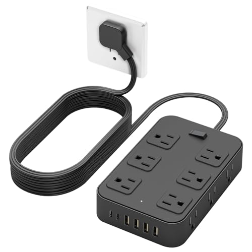 Flat Plug Power Strip Surge Protector 5 Ft Extension Cord with 12 AC Outlets 6 USB Ports 3 Side Multi Plug Outlet Extender Home Office Kitchen Dorm Room Wall Desk Charging Station ETL Listed - color: Black, size: 5 Ft