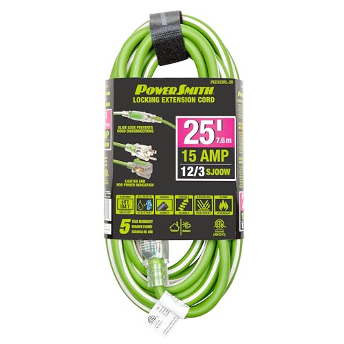 PowerSmith 25ft. Heavy Duty Extension Cord 12/3 SJOOW 15 Amp Indoor/Outdoor Locking, Lighted End, -58°F to 194°F, 5-Year Warranty - size: 12 AWG 25 FT. (SJOOW)