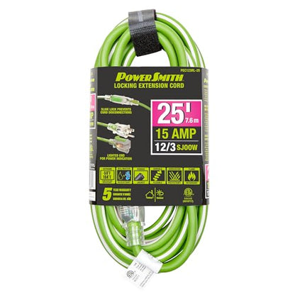 PowerSmith 25ft. Heavy Duty Extension Cord 12/3 SJOOW 15 Amp Indoor/Outdoor Locking, Lighted End, -58°F to 194°F, 5-Year Warranty - size: 12 AWG 25 FT. (SJOOW)