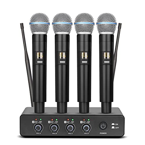 Depusheng R4 Karaoke Wireless Microphones Professional 4 Channels Handheld Wireless Microphone System Metal Dynamic Mic for Karaoke Singing, House Party, Church, Performance - style: 4 Handheld mic