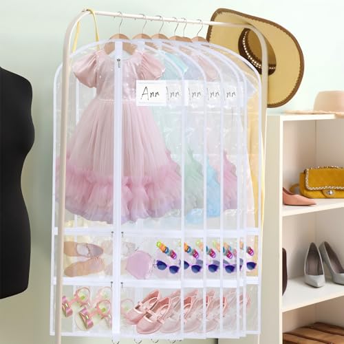 6 Pcs 24'' x 50'' Clear PVC Garment Bag Dance Costume Competition Bag with Rack Zippers Pockets Hanging Garment Covers Costume Organizer Costume Carrier for Adults Kids(Transparent White) - color: Transparent White