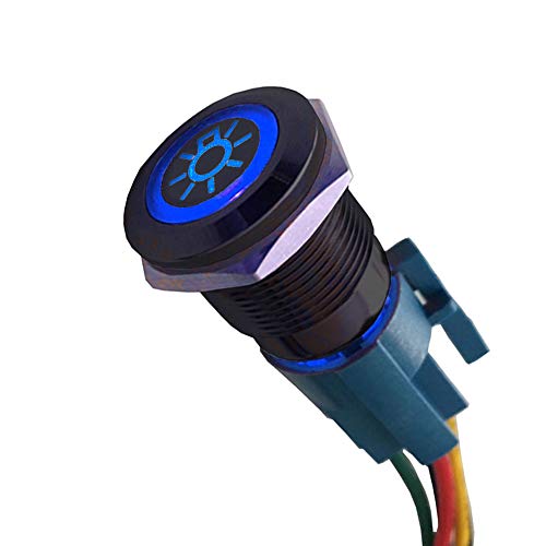 ESUPPORT 12V Car Blue LED Light Headlight Push Button Metal Toggle Switch | Vehicle 19mm 5A Switches Socket Plug Wire Latching ON OFF Balck Shell - color: Blue Headlight