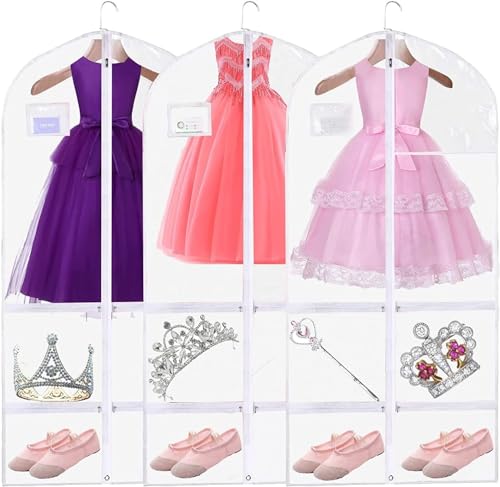 Clear PVC Dance Costume Bags(3 Pack),Garment Bag 40 Inch for Dance Competitions Cheerleading,Hanging Clothes Travel Dance Bags with 4 Pockets.Dance Essentials Cheer Bag for Girls Kids Recitals Dresses - size: 40"