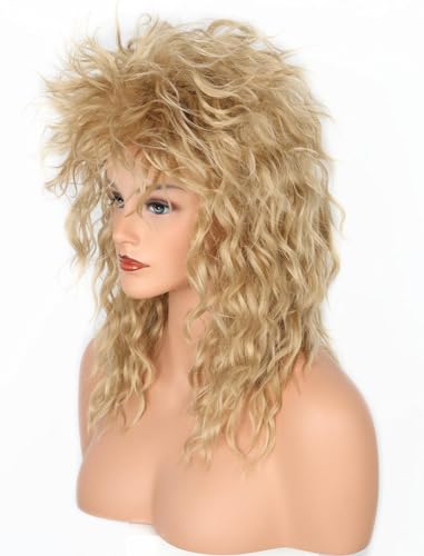 80s Rock Diva Wig Blonde Brown Fluffy Big Roll Mullet Wigs for Man or Woman Halloween Party Costume Cosplay Wig - color: Blonde/Brown