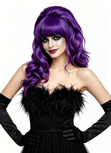 Rugelyss Long Wavy Purple Mixed Black Wigs for Women Fashion Synthetic Full Head Hair Wig with Bang and Bun for Cosplay Costume or Halloween Party - color: purple black