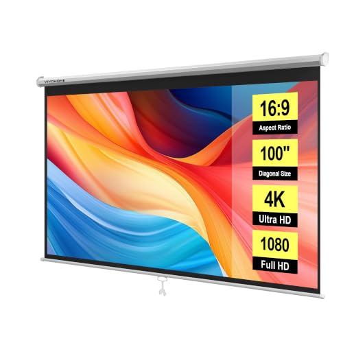 VIVOHOME 100 Inch 16:9 Pull Down Projector Screen, White | Manual Retractable 4K Projection Screen for Home Theater, Roll Up ALR Movie Screen for Ceiling and Wall Mount - color: White, size: 100" Diagonal (16:9)