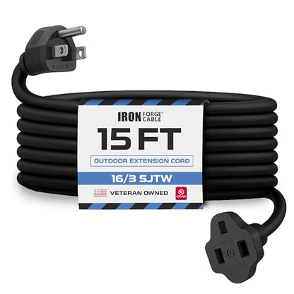 Iron Forge Cable 16 Gauge Heavy Duty Black Extension Cord, 15 Ft - SJTW | 16/3 SJTW Cable, 3 Prong Grounded Plug, 13 Amp - For Landscaping, Leaf Blowers, Lights, Appliances - size: 15FT