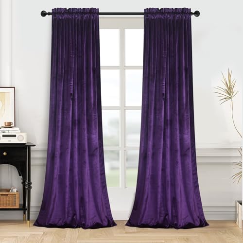 Roslynwood Purple Velvet Curtain 63 inches Long - Curtains Block Light Privacy Rod Pocket Thermal Insulated Window Drapes Panels for Bedroom/Living Room,W52 by L63 inches, 2 Panels - color: Purple, size: 52"W x 63"L (Pack of 2)