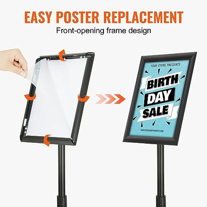 VEVOR Pedestal Sign Holder, 8.5 x 11 Inch Vertical and Horizontal Adjustable Poster Stand, Heavy-Duty Floor Standing Sign Holder with Round Base for Display, Advertisement, and Outdoor, Black | Vertical and Horizontal Heavy-Duty Floor Standing Sign Holder