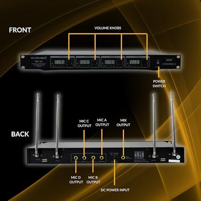 MUSYSIC 4-Channel VHF Wireless Microphone System with Metal Receiver | 2 Handheld and 2 Bodypack, for Church, Party, Meetings (4 - Channel) - size: 4 - Channel