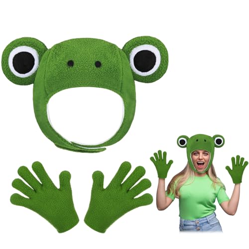 Zoooyawn 3 Pcs Frog Costume Accessory Set Cute Plush Green Frog Hood Gloves and Hat for Adult Outfit Cosplay Party Decoration Supplies