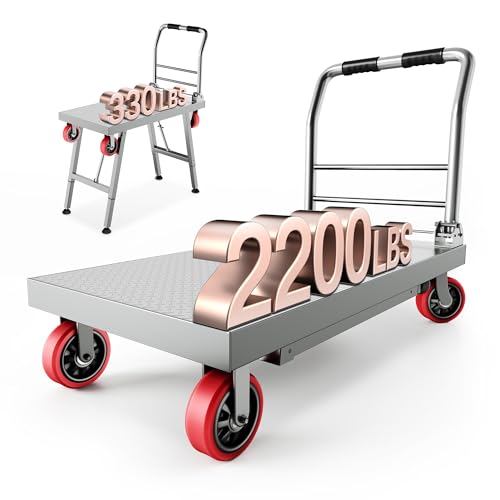Lomive 2IN1 43"×24" Foldable Platform Truck, Portable Ladder Platform | Height Adjustable Work Scaffolding, 2200lbs Capacity Heavy Duty Flatbed Cart w/2 Swivel Casters