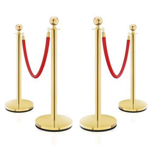 Gold Stainless Steel Stanchions Rope - Crowd Control Barriers with Red Carpet Safety Barrier, Velvet Ropes and Posts & Retractable Belts for Party Theater Weddings, Museums - 4 Pcs - color: Gold, size: 4Pcs