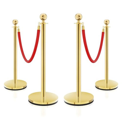 Gold Stainless Steel Stanchions Rope - Crowd Control Barriers with Red Carpet Safety Barrier, Velvet Ropes and Posts & Retractable Belts for Party Theater Weddings, Museums - 4 Pcs - color: Gold, size: 4Pcs