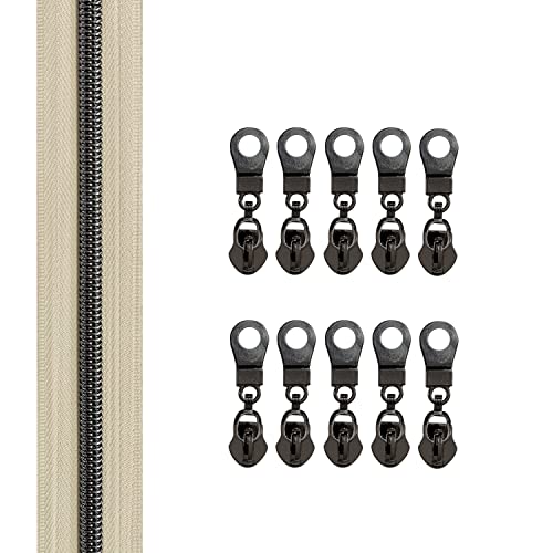 The Yards Bulk Zipper(#5), Beige Nylon Coil with Gunmetal Teeth, 10PCS Sliders for DIY Sewing Craft Bags - color: Gunmetal-Beige