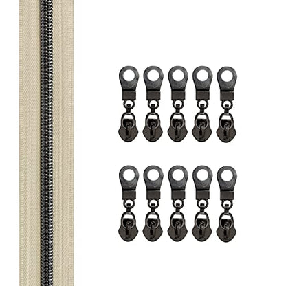 The Yards Bulk Zipper(#5), Beige Nylon Coil with Gunmetal Teeth, 10PCS Sliders for DIY Sewing Craft Bags - color: Gunmetal-Beige