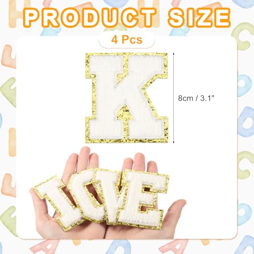 MECCANIXITY Chenille Letter Patches 3.1" Alphabet K Iron on Embroidered Patch Sew on Letter Stickers Applique for Repairing Clothing Jeans Shoes Hats DIY(White, Pack of 4) - style: Letter-K