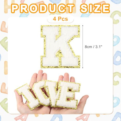 MECCANIXITY Chenille Letter Patches 3.1" Alphabet K Iron on Embroidered Patch Sew on Letter Stickers Applique for Repairing Clothing Jeans Shoes Hats DIY(White, Pack of 4) - style: Letter-K