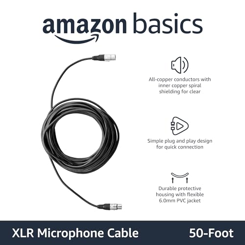 Amazon Basics XLR Microphone Cable for Speaker or PA System, Recording Studio, All Copper Conductors, 6MM PVC Jacket, 50 Foot, Black - size: 50 Feet, style: 1-Pack