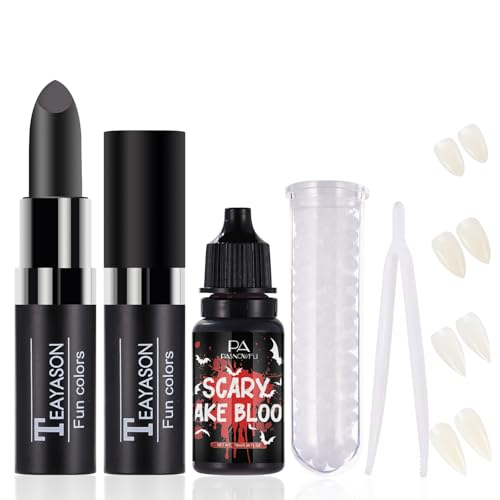 Halloween Makeup for Vampire SFX Kit - 4 Pairs Fake Fangs Teeth with Adhesive, Realistic Washable Fake Blood, Black Lipstick, Halloween SFX Cosplay Makeup Set for Vampire Costumes Party, - color: Black