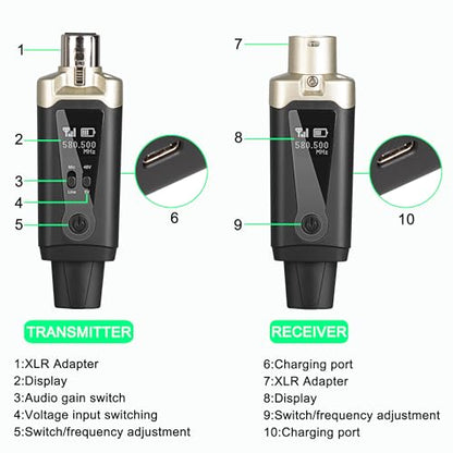 UHF Wireless XLR Transmitter and Receiver with 48V Phantom Power,Rechargeable Mic Adapter 16 Channels 196ft Range for Dynamic/Condenser Microphone,Audio Mixer,Electric Guitar/Bass