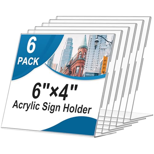 Acrylic Sign Holder 4 x 6 Horizontal, L-Shape Clear Plastic Display Stand for Tabletop, Acrylic Stands for Flyers, Table Paper Holder, Vertical Sign Holder 4x6 for Restaurants, Office and School (Slant 6 Pack 6x4) - size: Slant 6 Pack 6x4