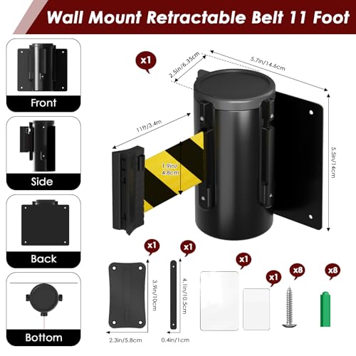 kaiyomi 11 Feet Retractable Belt Barriers Wall Mount (Black & Yellow Belt) | Crowd Control Barriers with Black Steel Case, Stainless Steel Spring Expansion Belts - color: Black and Yellow, size: 11 Feet Upgraded