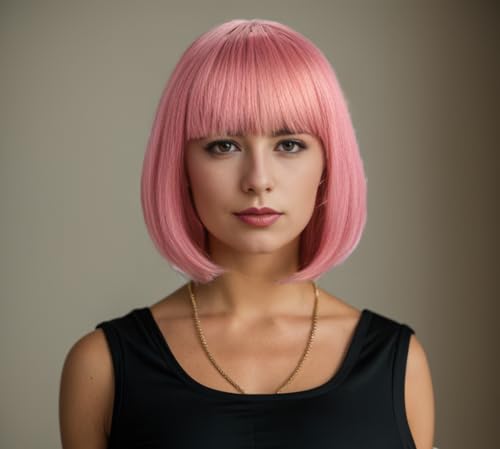 LIULIUBTY Short Bob Hair Wigs Straight with Flat Bangs Synthetic Colorful Cosplay Daily Party Neon Wig for Women + Free Wig Cap 12" Natural As Real (Dusty Rose Pink) - color: Light Pink