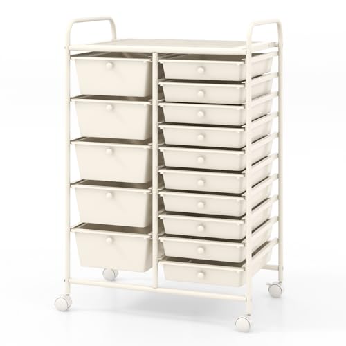HAPPYGRILL 15-Drawer Rolling Cart, Storage Carts with Removable Drawers & Steel Frame, Utility Cart on Lockable Wheels for Home, School, Office (Ivory) - color: Ivory, size: 15 Drawer