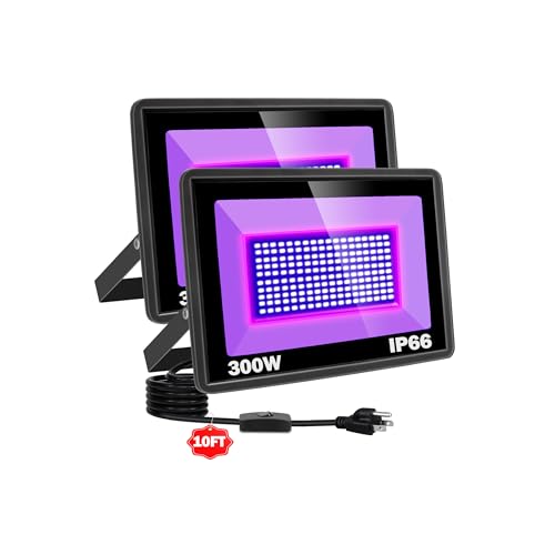 2 Pack 300W LED Black Light, IP66 Waterproof Outdoor Blacklight Flood Light Spotlight with Plug, Switch, Cord for Neon Glow Party Fluorescent Poster Body Paint Stage Lighting Halloween Decor - size: 2x300W
