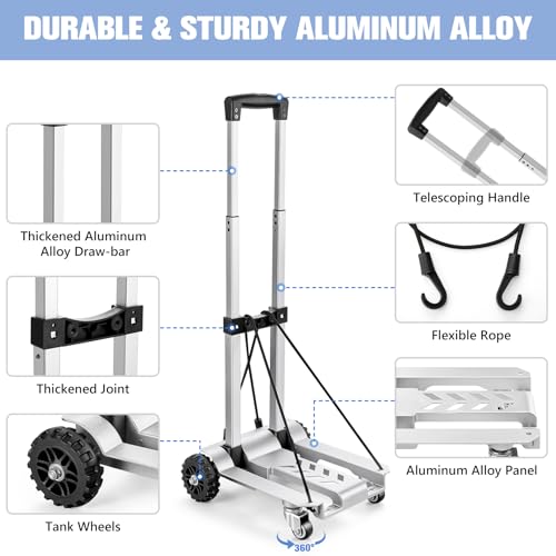 KEDSUM 270LBS Utility Luggage Cart with 4 Wheels, 100% Aluminum Hand Truck Dolly, Folding Hand Truck with Advanced Tank Wheels, Portable Dolly Cart for Luggage, Travel, Shopping, Office Use