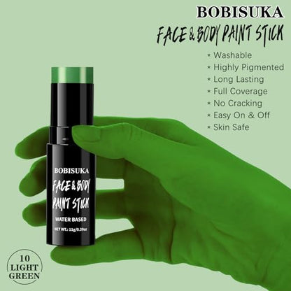 BOBISUKA Light Green Face Body Paint Stick Washable Water-Based Face Paint Makeup Stick for Halloween Witch, Zombie, Hulk, Goblin, Camo, Hunting, Cosplay, SFX, Sports Eye Black & Costume Party - color: Light Green