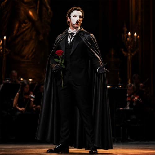 5 Pcs Opera Costume Set with Black Cape White Mask Bow Tie Gloves and Red Rose for Adult Halloween Cosplay Funny Party Dress up Accessories