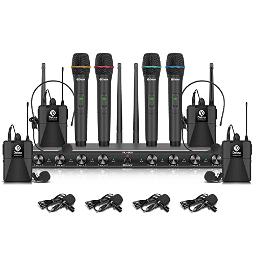 D Debra Audio AU800 Pro UHF 8 Channel Wireless Microphone System with Cordless Handheld Lavalier Headset Mics, Metal Receiver, Ideal for Karaoke Church Party (4 Handheld & 4 Bodypack) - color: 4 Handheld & 4 Bodypack