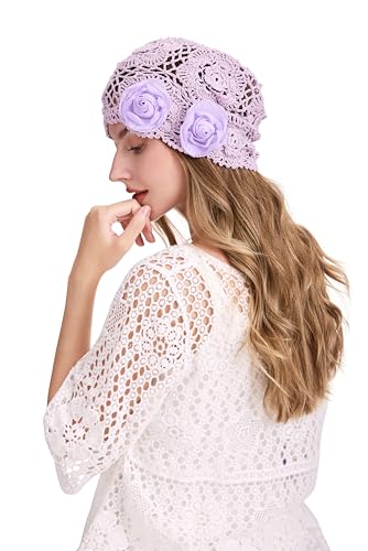 ZLYC Women Cotton Crochet Slouchy Beanie Hat Handmade Knit Summer Skull Cap | Lightweight breathable,boho casual chic look,travel photos festival party,café commute daily wear,beach concert gathering - color: Decorative Flowers Lavender Purple
