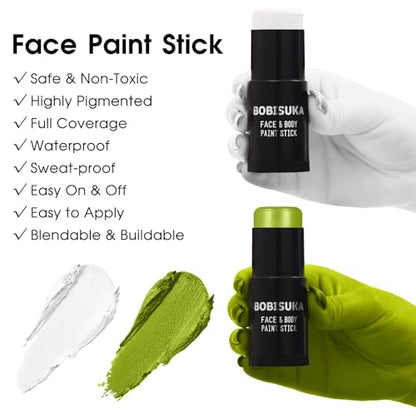 BOBISUKA Light Green & White Face Body Paint Stick Kit with Black Eyeshadow, Black Liquid Eyeliner, Setting Powder & 2 Sponges – Halloween Cosplay Makeup Set for Witch, Beetle Juice, Monster, Goblin - color: Light Green & White Painting Stick Set