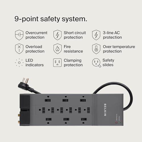Belkin Power Strip Surge Protector - 12 AC Multiple Outlets & 8 ft Long Flat Plug Heavy Duty Extension Cord for Home, Office, Travel, Computer, Laptop & Phone Charging Brick (3,940 Joules), Pack of 3 - style: w/ Coaxial Phone Protection - 3 Pack