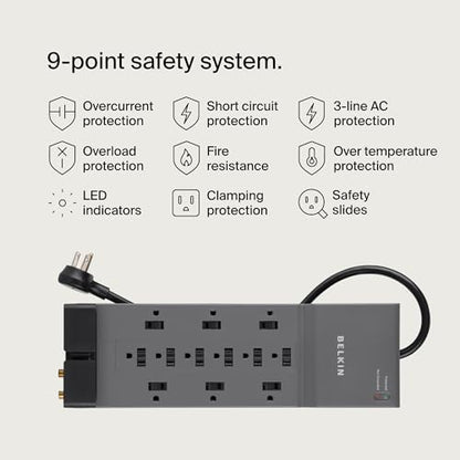 Belkin Power Strip Surge Protector - 12 AC Multiple Outlets & 8 ft Long Flat Plug Heavy Duty Extension Cord for Home, Office, Travel, Computer, Laptop & Phone Charging Brick (3,940 Joules), Pack of 3 - style: w/ Coaxial Phone Protection - 3 Pack