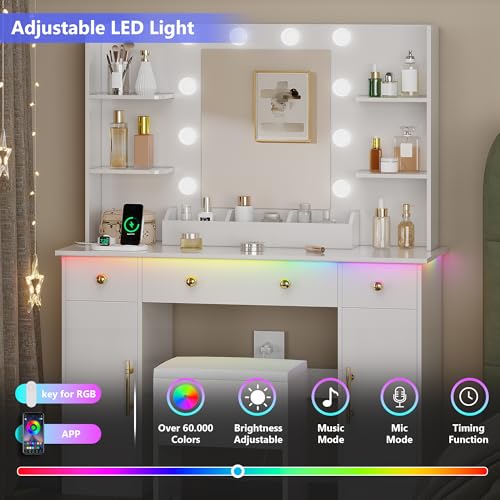 HUANLEGO Vanity Desk with Mirror and Lights, Makeup Vanity with Charging Station & Vanity Stool, 3 Drawers and Cabinets White Vanity Mirror with RGB LED Lights Vanity Desk and Chair for Women | Makeup Vanity Mirror with Lights Desk and Chair, Charging Sta