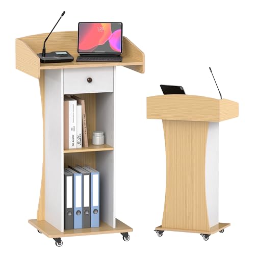 Podium Stand with Metal Wheels Wooden Lectern Podium Stand Portable Pulpit Standing with Storage Mobile Reception Podiums Desk for Church Office School Conference Restaurant Meeting,Wood - color: White&wood