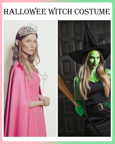 6 Pcs Halloween Green & Good Witch Costume Accessories Set Black Witch Hat, Broom, Green Gloves, Leggings, Princess Crown and Star Wand for Women Friends Musical Theater Cosplay Party