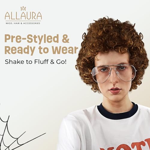 ALLAURA Compatible with Napoleon Dynamite Wig – Pedro Costume Set with Glasses & Brown Afro Nerd Hair for Adults – Funny 80s Halloween Outfit, Retro Cosplay, Movie-Inspired Party or Couples Costume - color: 12-Brown