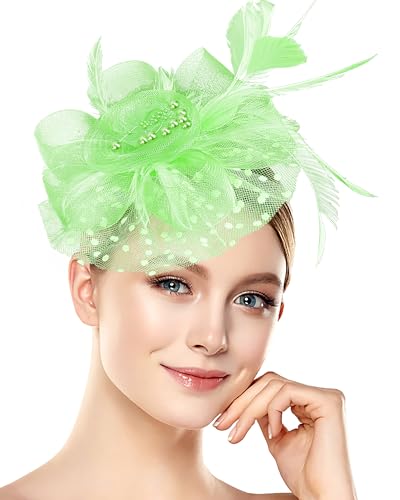 Fascinator Tea Party Hat Women 20s 50s Wedding Cocktail Flower Mesh Feathers Hair Clip for Carnival Halloween - color: A-light Green