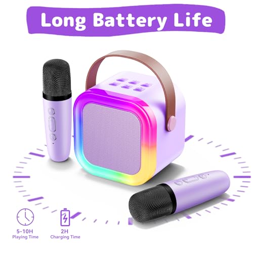 Karaoke Machine for Kids Adults, Mini Karaoke Machine with 2 Wireless Microphones, Portable Bluetooth Speaker with Voice Changing Effects & LED Lights, Best Gifts Toys for Girls and Boys - color: Purple