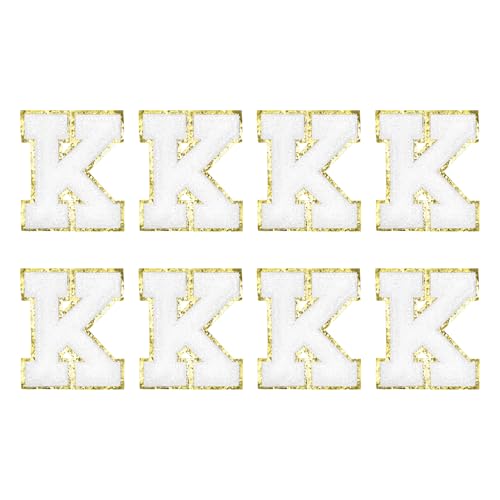MECCANIXITY Chenille Letter Patches 2.2" Self Adhesive Alphabet K Stick on Embroidered Patch Sew on Letter Stickers Applique for Repairing Clothing Jeans Shoes Hats DIY(White, Pack of 8) - style: Letter K