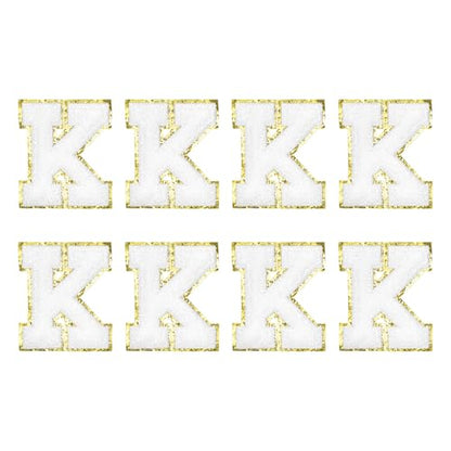 MECCANIXITY Chenille Letter Patches 2.2" Self Adhesive Alphabet K Stick on Embroidered Patch Sew on Letter Stickers Applique for Repairing Clothing Jeans Shoes Hats DIY(White, Pack of 8) - style: Letter K