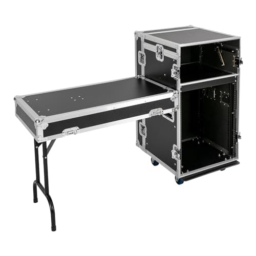 14U PA DJ Pro Audio Rack Road Case w/Slant Mixer Top, Heavy Duty Mobile Studio Equipment Cabinet, Network and Stereo Rack DJ Mixer Rack for Mixers & Live Sound - size: 14U / Side Tables