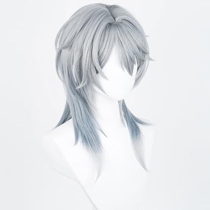 Anime Gray Blue Wig Fantasy Western Priest, Angel Style Halloween | Men Long Straight Wig Layered Haircut Christmas,Comic con Heat Resistant Fiber Wig Breathable Rose Mesh Inner Free Cap - color: Gray